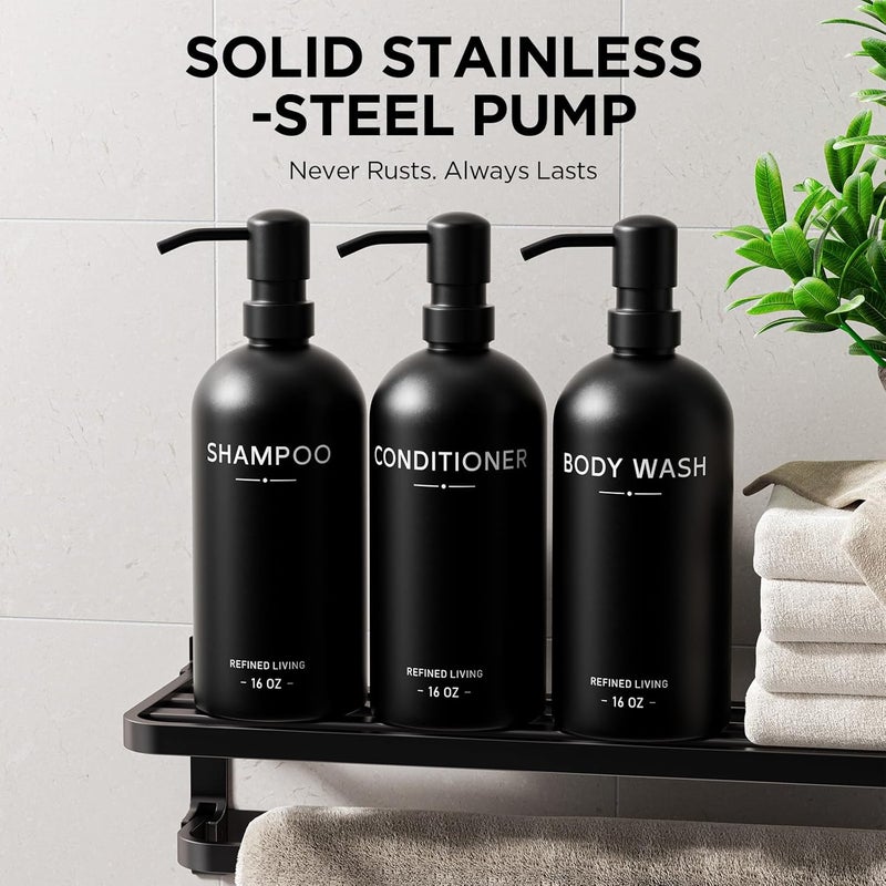 Aeakey Shampoo and Conditioner Dispenser Set,3 Refillable 16oz Bottles with Stainless Steel Pumps – Shower Soap Dispensers for Bathroom, Hotel or Airbnb (Black, 3-Pack) - Image 4